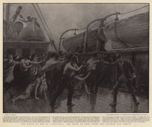 The Wreck of the SS Lusitania, the Scene on Deck after the Steamer had struck
